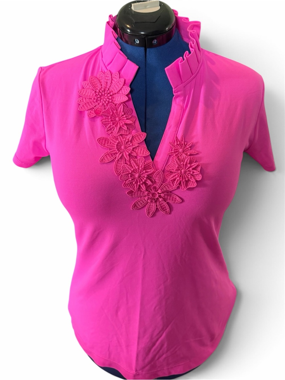 Lilly Pulitzer Hot Pink Floral Appliqué Ruffle Collar Top